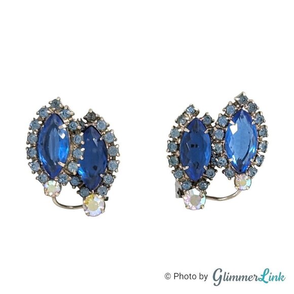 VTG Aurora Borealis Blue Rhinestone Ear Climber Silver Tone Clip On Earrings - Picture 1 of 9